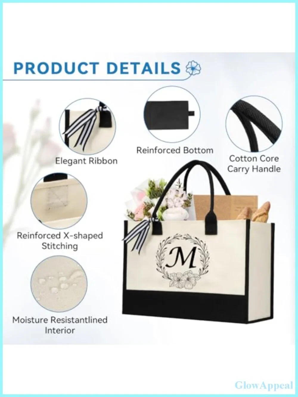 Personalized Initial Canvas Tote Bag for Women - Extra Large Beach Shoulder